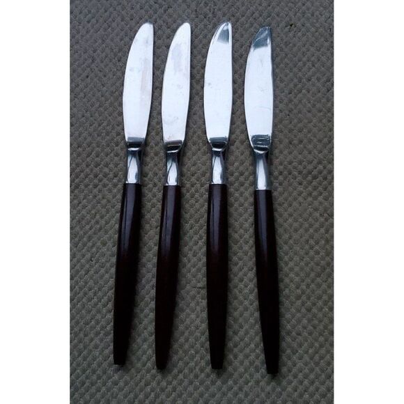 4 AMERICAN TEMPO Stainless Canoe Muffin Wood Flatware Dinner Butter Knife Knives - Picture 3 of 5
